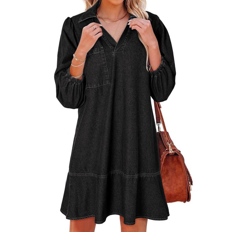 GEMMA™ – Robe classique en jean délavé à manches bouffantes