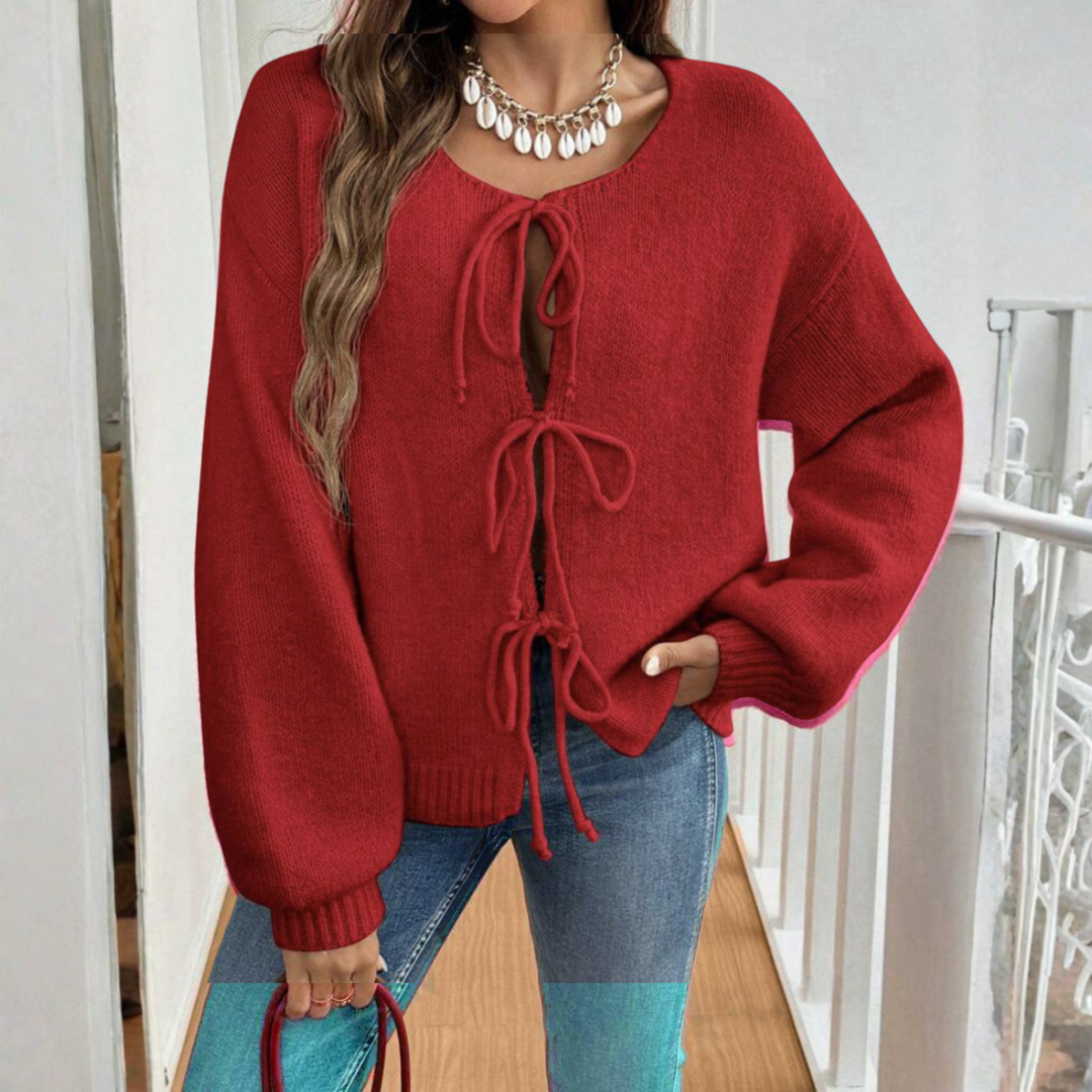 ADRIENNE™ - Cardigan chic à manches longues, col rond et lien à nouer sur le devant