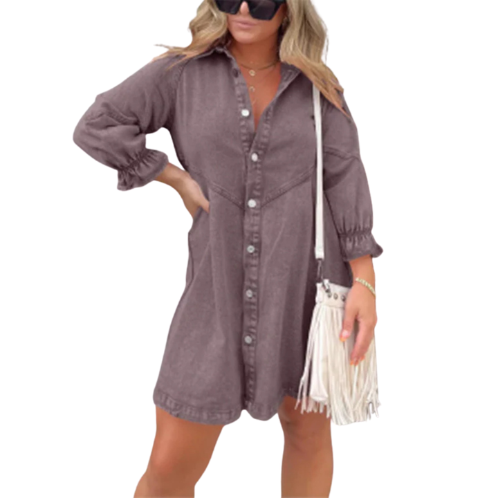 MARENE™ - Robe courte élégante lavée à manches bouffantes