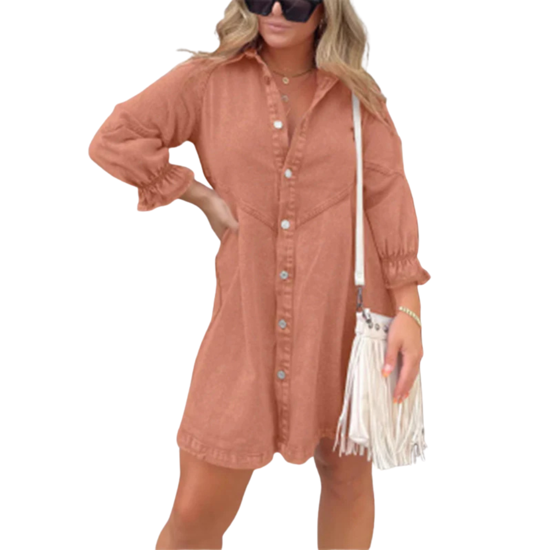 MARENE™ - Robe courte élégante lavée à manches bouffantes