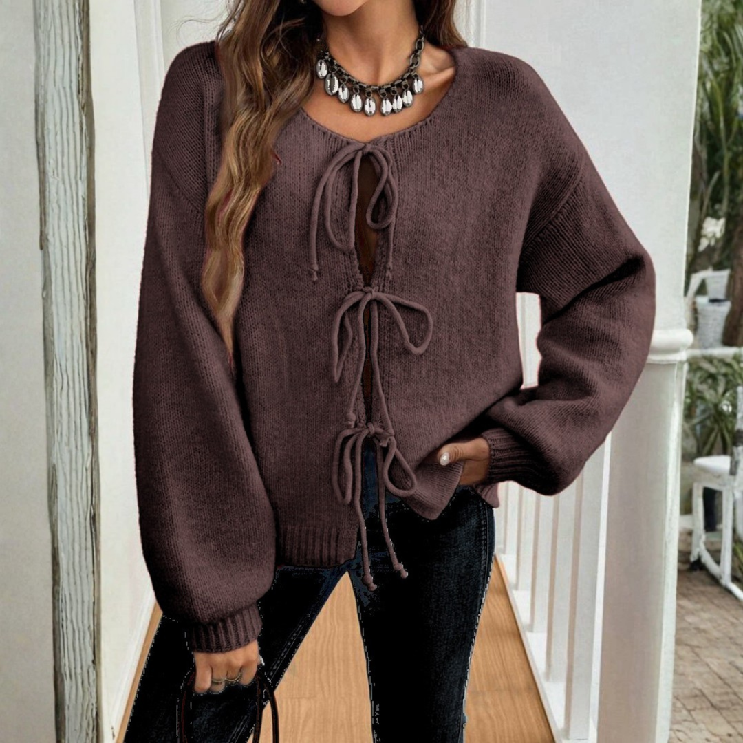 ADRIENNE™ - Cardigan chic à manches longues, col rond et lien à nouer sur le devant