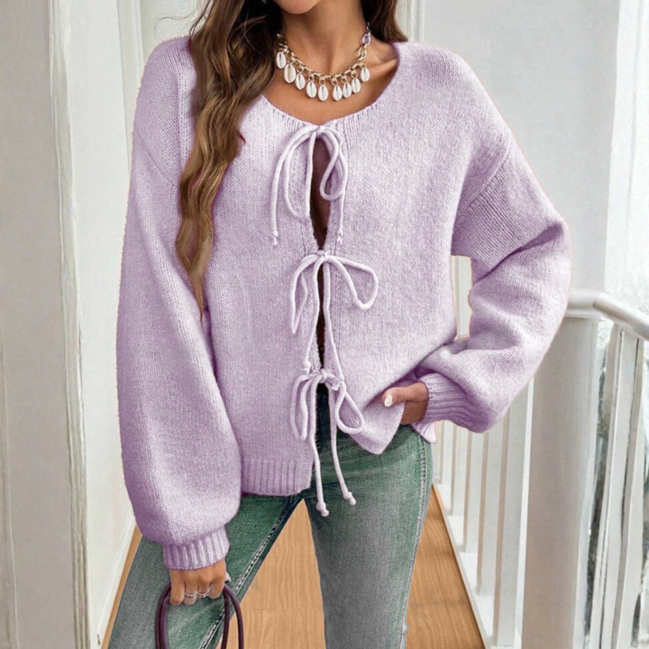 ADRIENNE™ - Cardigan chic à manches longues, col rond et lien à nouer sur le devant