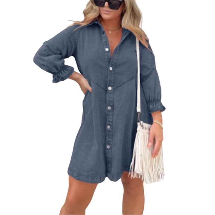 MARENE™ - Robe courte élégante lavée à manches bouffantes