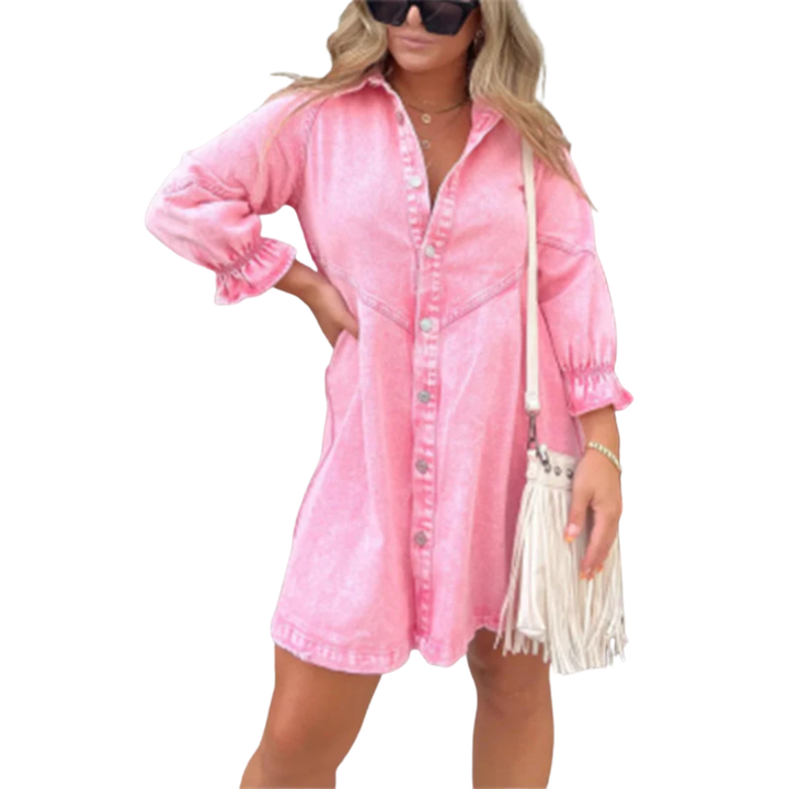 MARENE™ - Robe courte élégante lavée à manches bouffantes