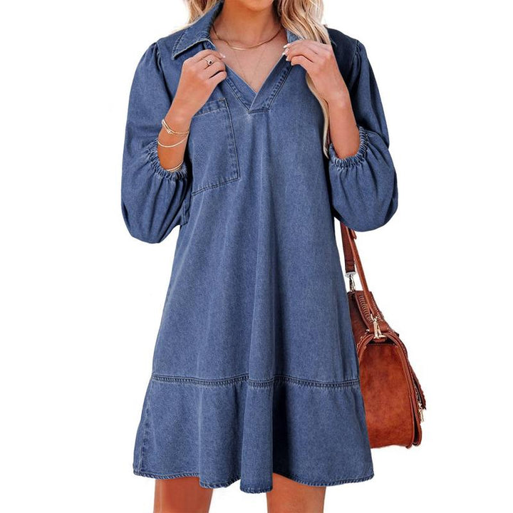 GEMMA™ – Robe classique en jean délavé à manches bouffantes