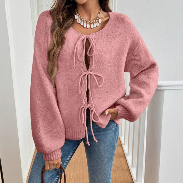 ADRIENNE™ - Cardigan chic à manches longues, col rond et lien à nouer sur le devant