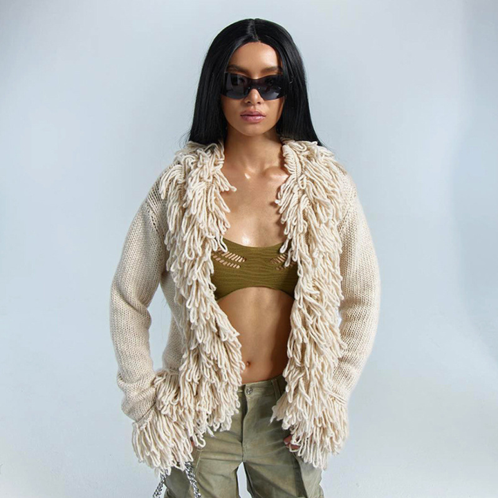 TALAYAH™ - Cardigan ouvert à manches longues et franges chic