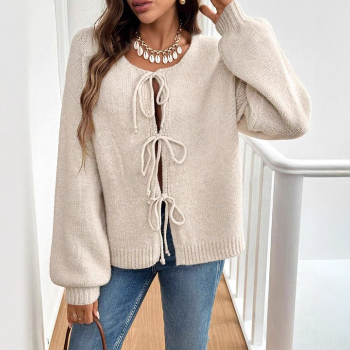 ADRIENNE™ - Cardigan chic à manches longues, col rond et lien à nouer sur le devant