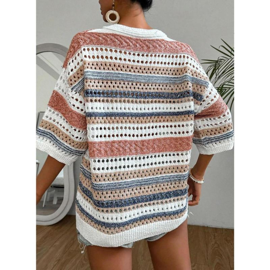 KELISE™ – Haut d'été décontracté en crochet à rayures et col en V