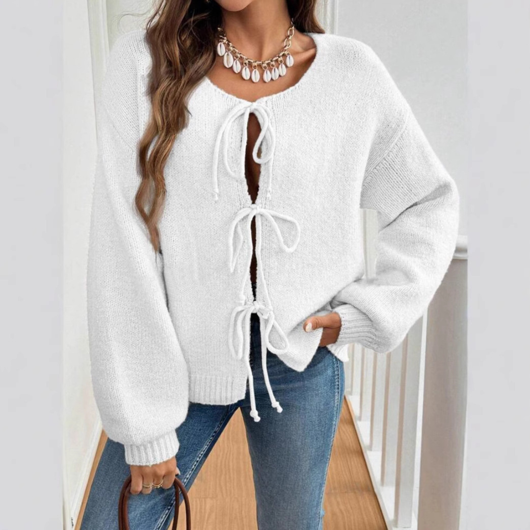 ADRIENNE™ - Cardigan chic à manches longues, col rond et lien à nouer sur le devant