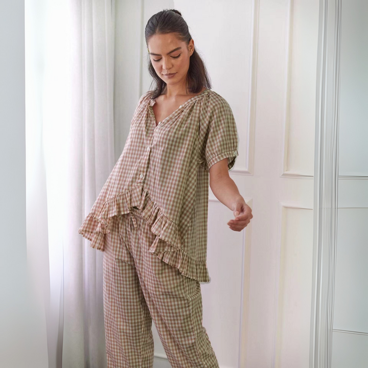 NEVERLAND™ - Ensemble décontracté haut à manches bouffantes et pantalon à carreaux