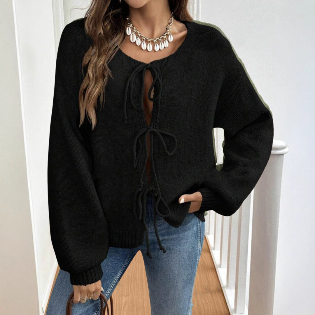ADRIENNE™ - Cardigan chic à manches longues, col rond et lien à nouer sur le devant