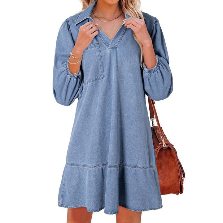 GEMMA™ – Robe classique en jean délavé à manches bouffantes