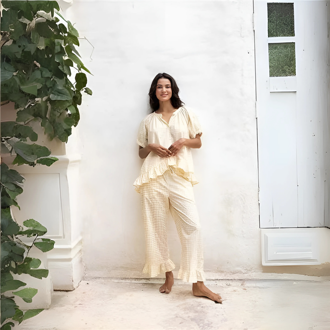NEVERLAND™ - Ensemble décontracté haut à manches bouffantes et pantalon à carreaux