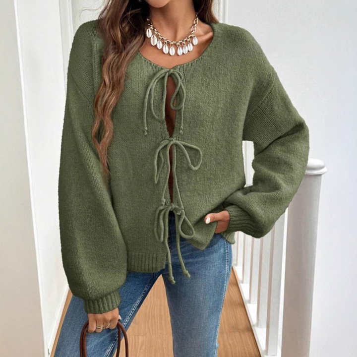 ADRIENNE™ - Cardigan chic à manches longues, col rond et lien à nouer sur le devant