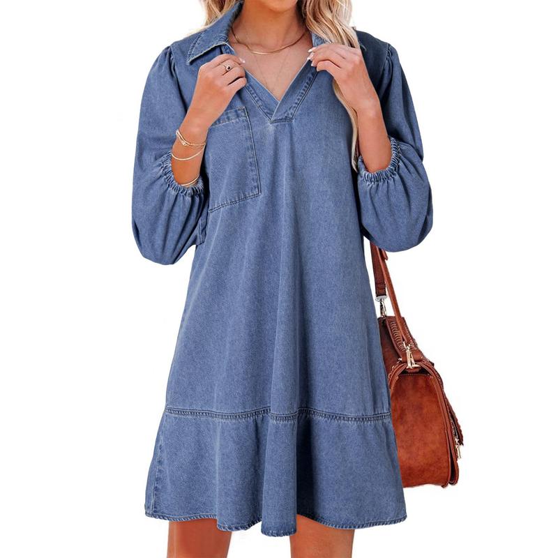 GEMMA™ – Robe classique en jean délavé à manches bouffantes