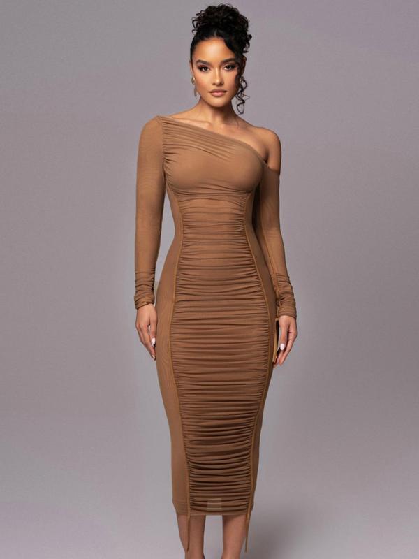 MARGARET™ - Robe moulante asymétrique rayée à col froncé