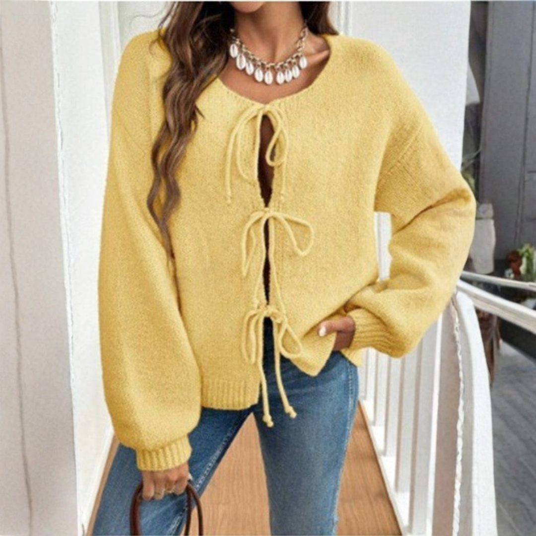 ADRIENNE™ - Cardigan chic à manches longues, col rond et lien à nouer sur le devant