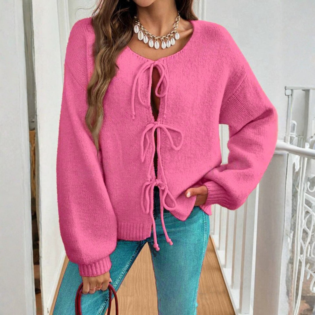 ADRIENNE™ - Cardigan chic à manches longues, col rond et lien à nouer sur le devant
