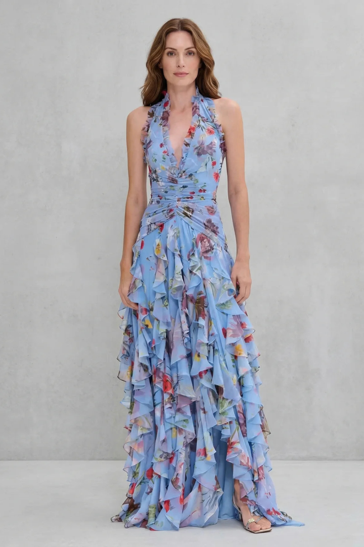 Belladina | Elegant Cascading Rose Maxi Dress with American Neckline