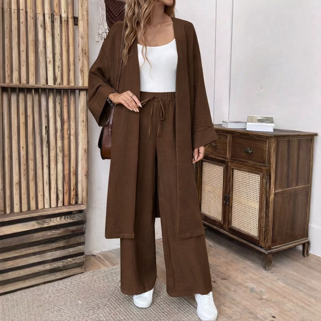 Ensemble gilet et pantalon ample aspect lin, style minimaliste et confortable