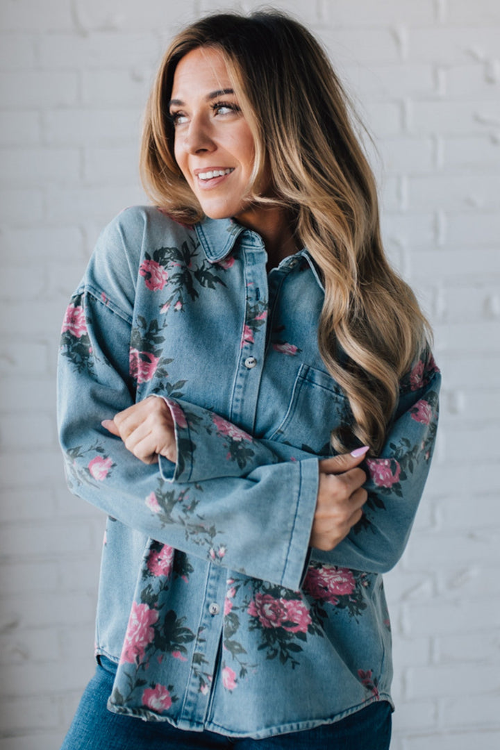 Romarin | Blouse en jean à motif floral