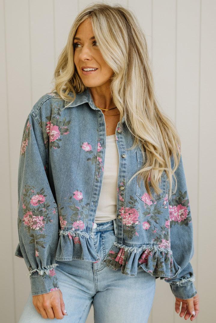 Hazel | Veste en jean à volants et motifs floraux