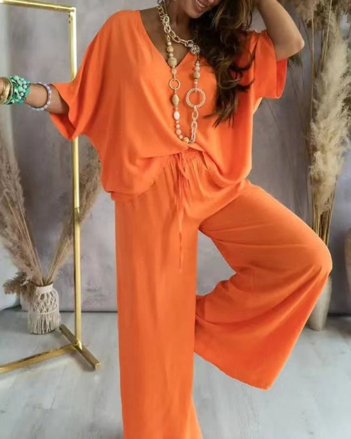 RAJA™ – Ensemble Confortable Col en V et Pantalon Large