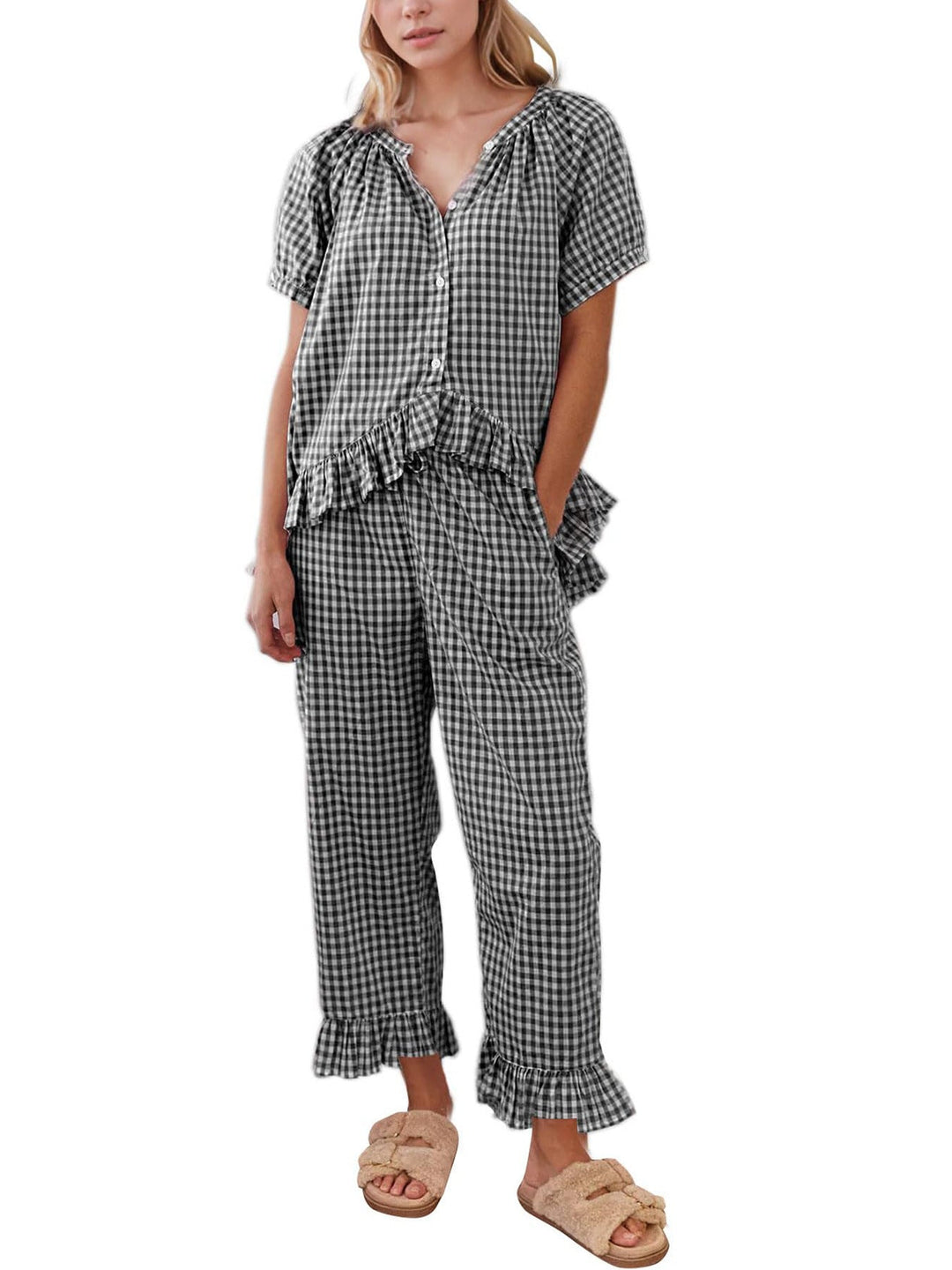 Hadley™ - Ensemble de pyjama à carreaux vichy à volants et manches bouffantes
