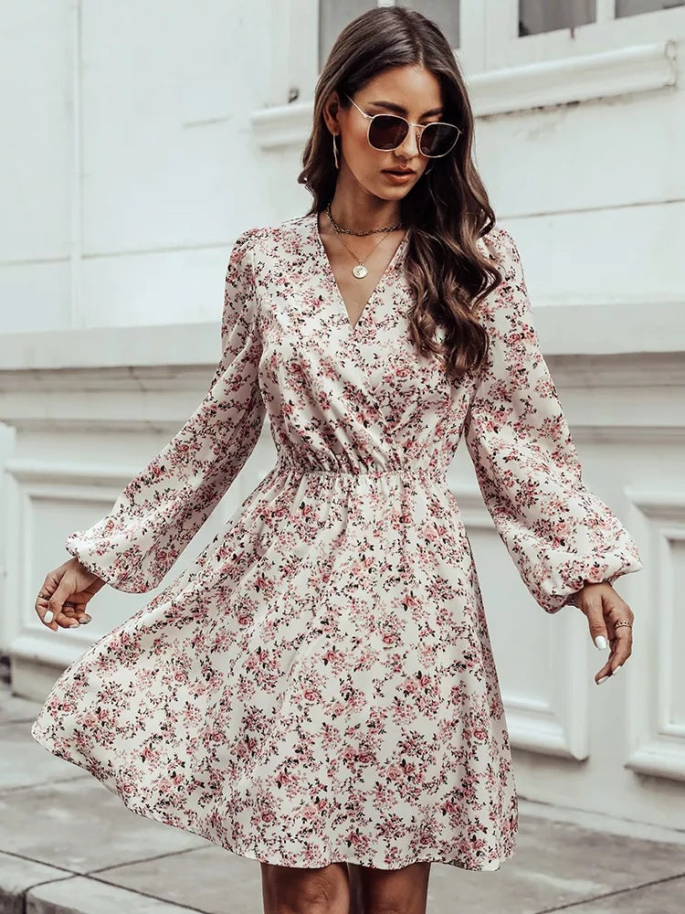 QITI™ - Robe Courte Chic à Col V Manches Longues Motif Floral