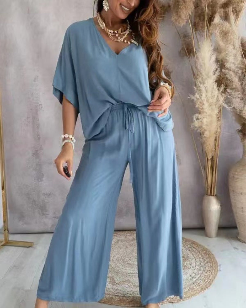 RAJA™ – Ensemble Confortable Col en V et Pantalon Large