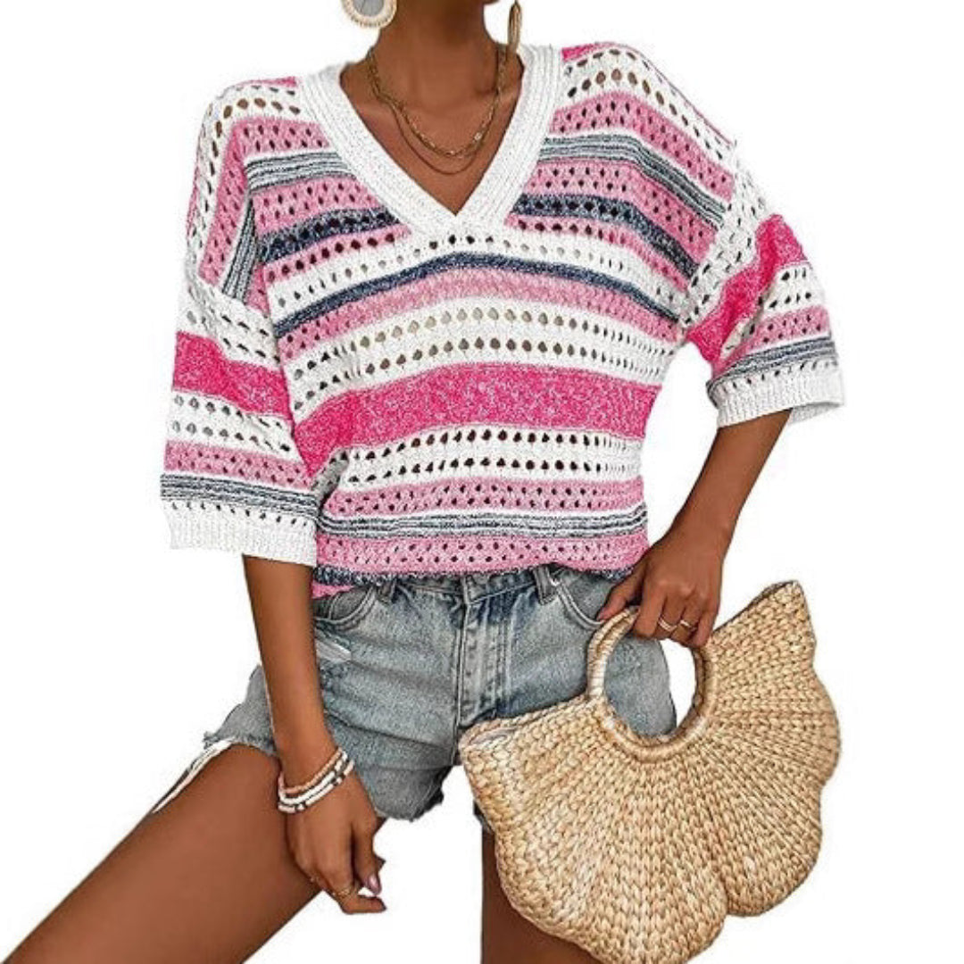 KELISE™ – Haut d'été décontracté en crochet à rayures et col en V
