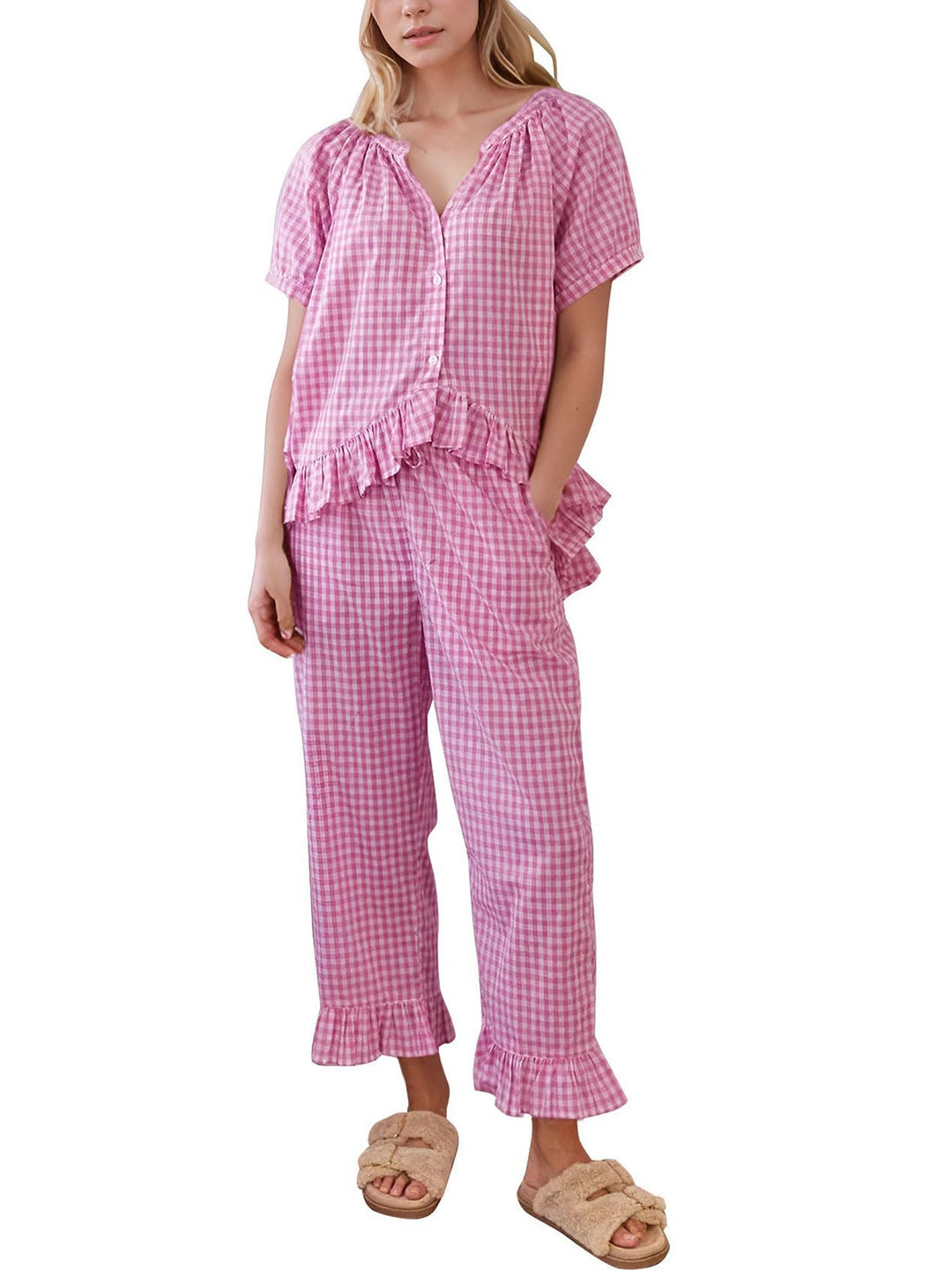 Hadley™ - Ensemble de pyjama à carreaux vichy à volants et manches bouffantes
