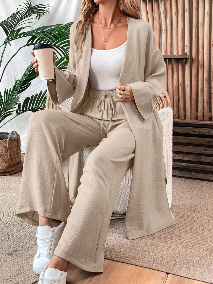 Ensemble gilet et pantalon ample aspect lin, style minimaliste et confortable