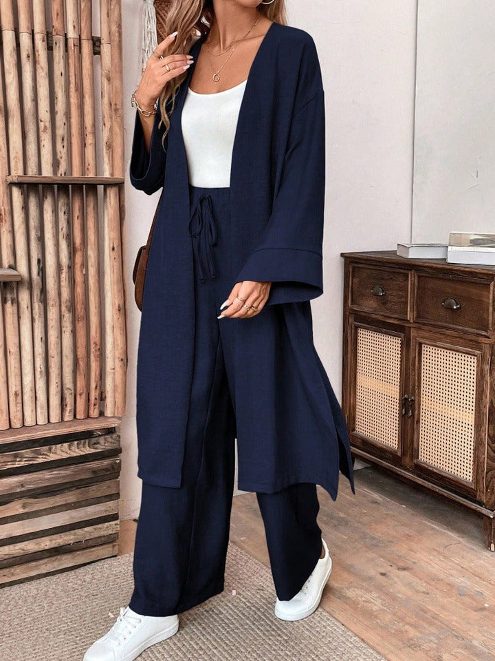 Ensemble gilet et pantalon ample aspect lin, style minimaliste et confortable