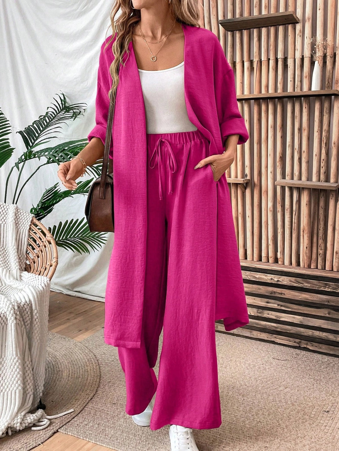 Ensemble gilet et pantalon ample aspect lin, style minimaliste et confortable