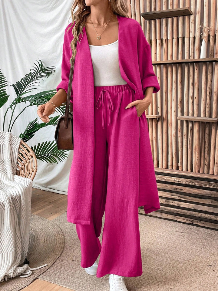 Ensemble gilet et pantalon ample aspect lin, style minimaliste et confortable