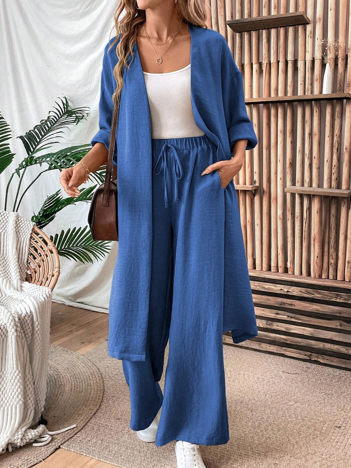 Ensemble gilet et pantalon ample aspect lin, style minimaliste et confortable