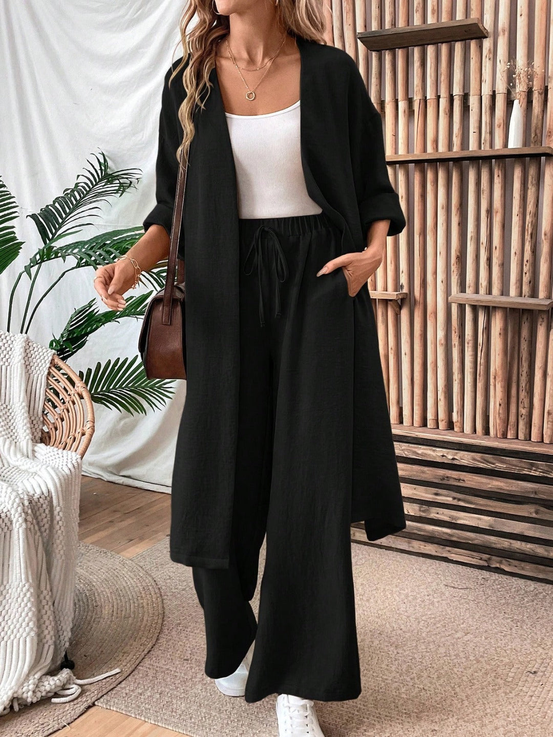 Ensemble gilet et pantalon ample aspect lin, style minimaliste et confortable