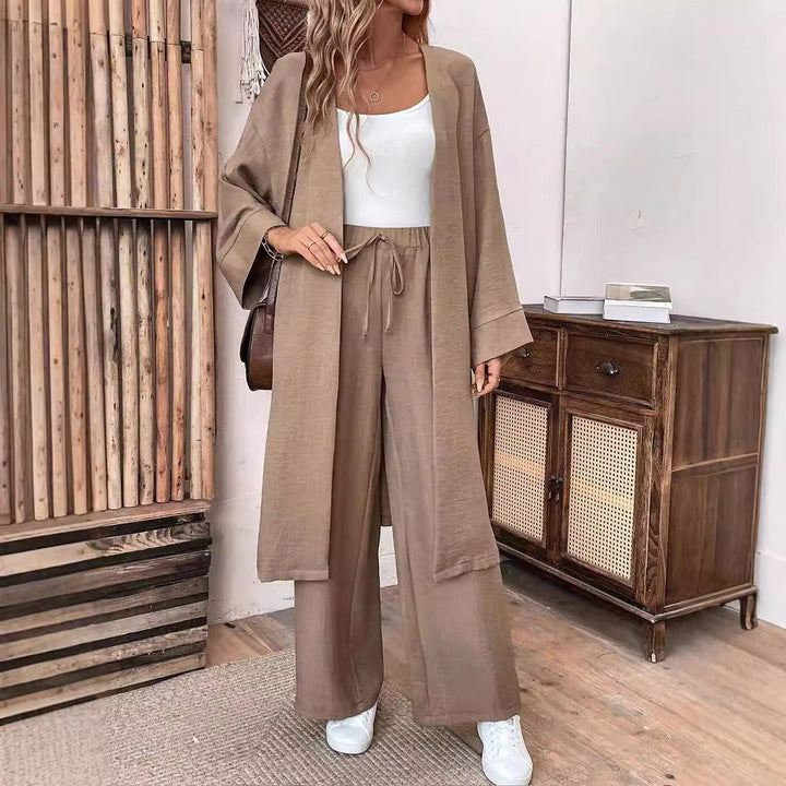 Ensemble gilet et pantalon ample aspect lin, style minimaliste et confortable