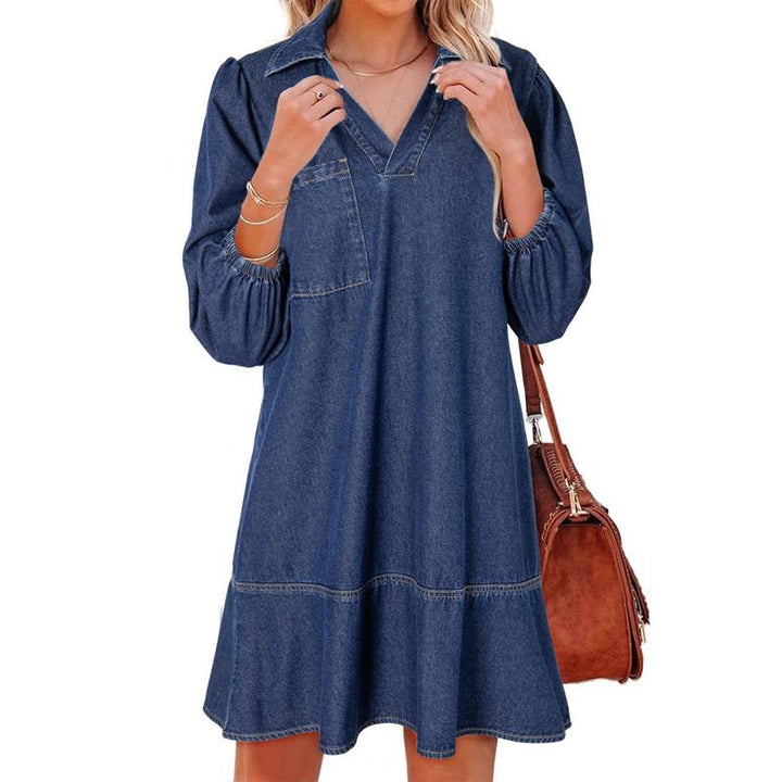 GEMMA™ – Robe classique en jean délavé à manches bouffantes