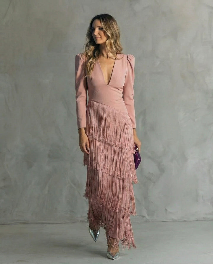 Chiara | Sophisticated Dress Featuring Fringe Sleeves