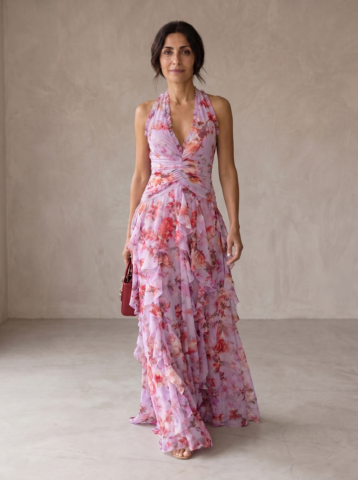 Belladina | Elegant Cascading Rose Maxi Dress with American Neckline